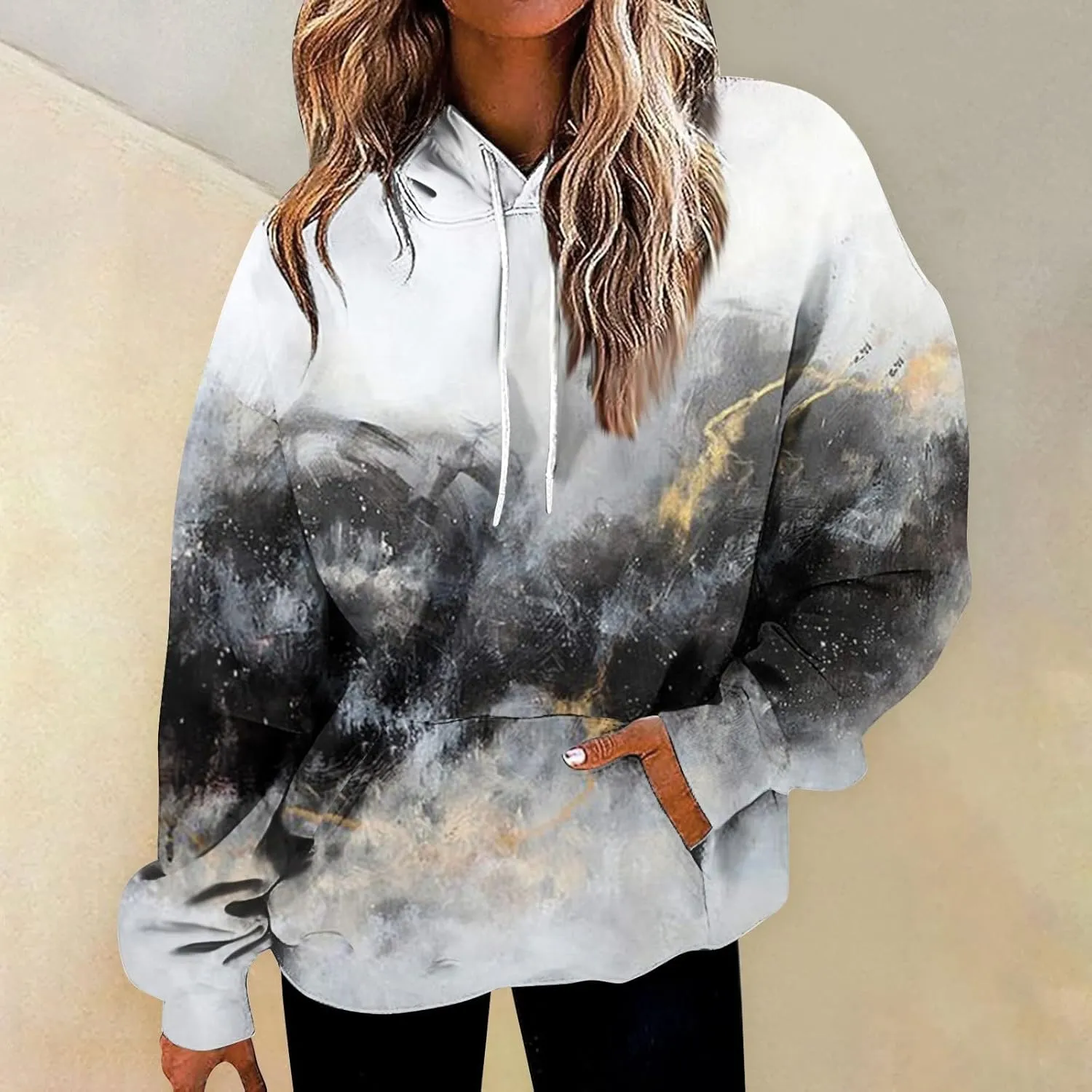 Womens Autumn Sweatshirts 2023 Casual Ethnic Style Print Hooded Tops Long Sleeve Loose Fit Vintage Sweatshirt