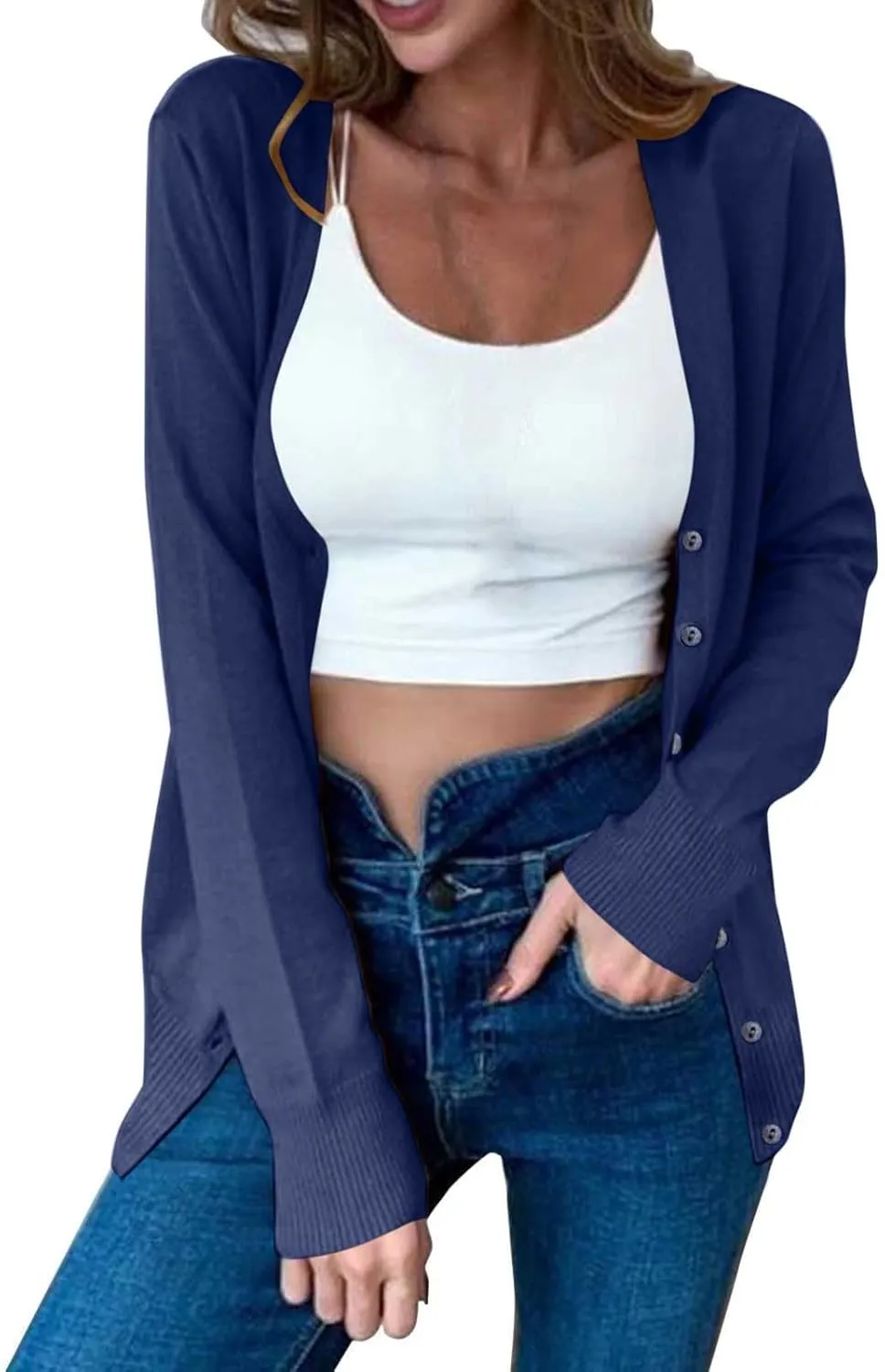Womens Button Down Sweaters Lightweight Open Front Cardigan V Neck Long Sleeve Knitted Fall Tops Soft Outwear Sweater