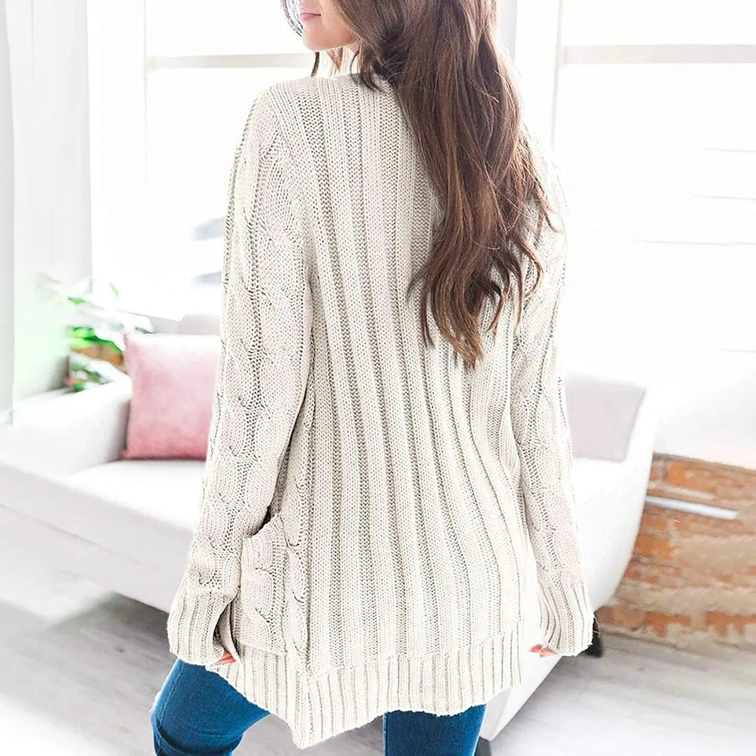 Womens Cable Knit Cardigans 2023 Long Sleeve Solid Color Open Front Button Down Sweaters Lightweight Casual Outerwear Coats