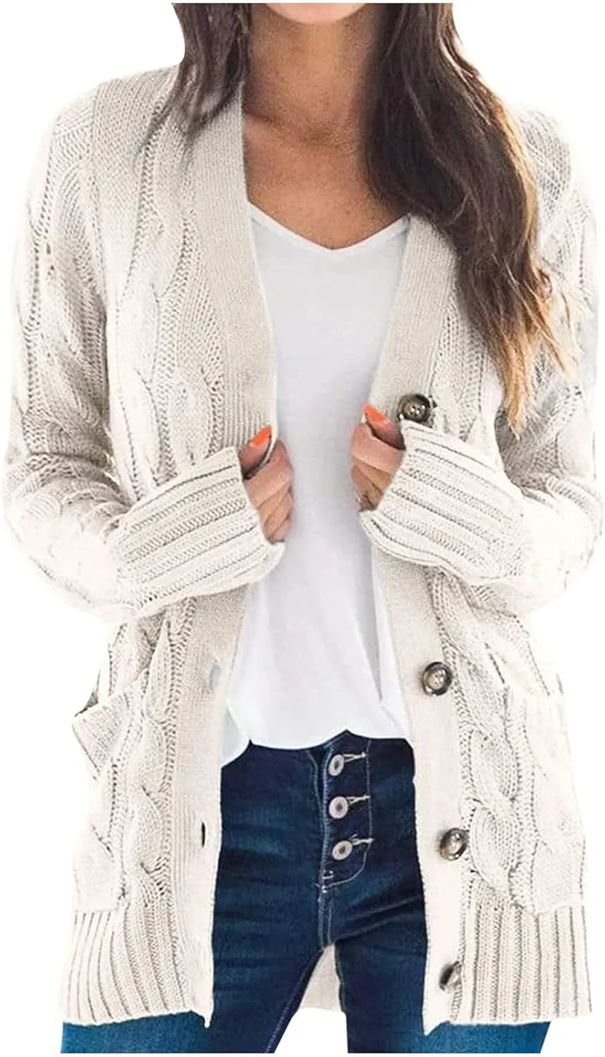 Womens Cable Knit Cardigans 2023 Long Sleeve Solid Color Open Front Button Down Sweaters Lightweight Casual Outerwear Coats