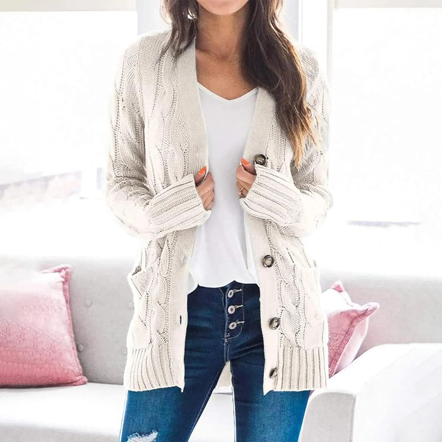 Womens Cable Knit Cardigans 2023 Long Sleeve Solid Color Open Front Button Down Sweaters Lightweight Casual Outerwear Coats