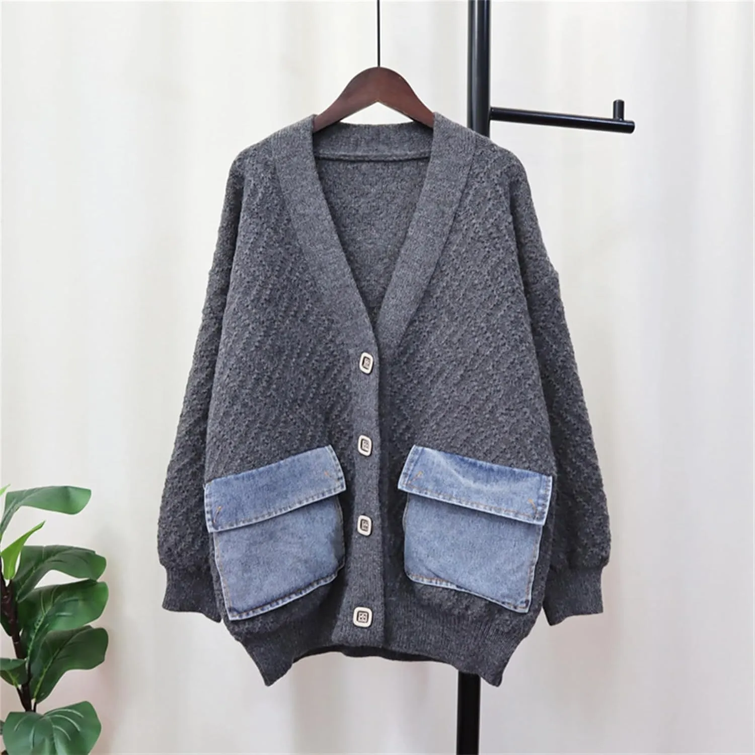 Women's Cable Knit Open Front Cardigans Trendy Cardigan Sweaters with Denim Pockets