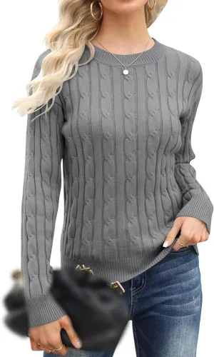 Womens Cable Knit Pullover Sweater Chunky Knit Crewneck Jumper Casual Slim Fit Fall Winter Sweater Tops