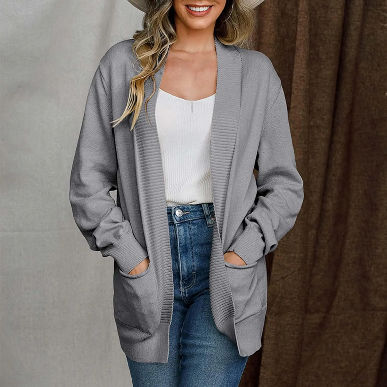 Women's Cardigan 2023 Long Sleeve Open Front Solid Color Outerwear Coats Lightweight Chunky Knit Draped Casual Sweaters