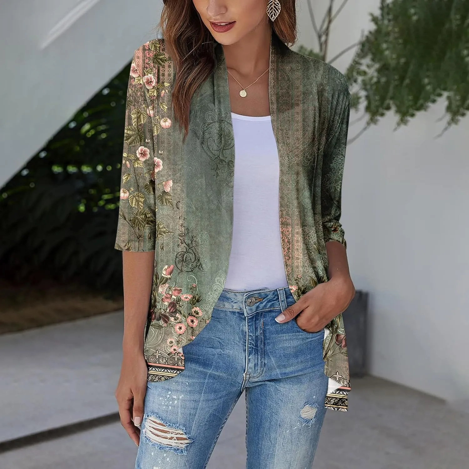Womens Cardigan 2024 Lightweight Fall T Shirts Loose Fit Shawl Collar Blouse Coat 3/4 Sleeve Tie Dye Funny Tops