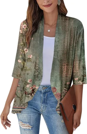 Womens Cardigan 2024 Lightweight Fall T Shirts Loose Fit Shawl Collar Blouse Coat 3/4 Sleeve Tie Dye Funny Tops