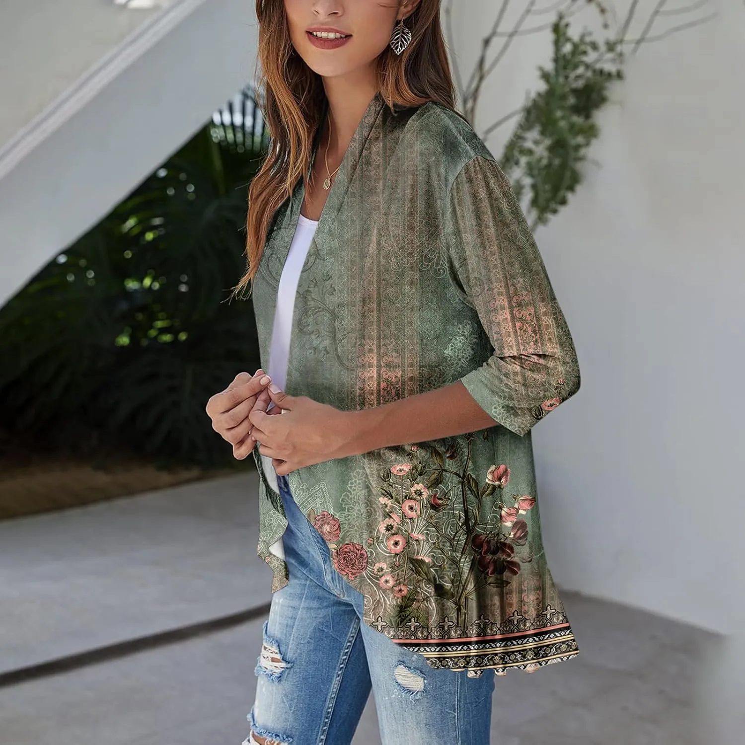 Womens Cardigan 2024 Lightweight Fall T Shirts Loose Fit Shawl Collar Blouse Coat 3/4 Sleeve Tie Dye Funny Tops