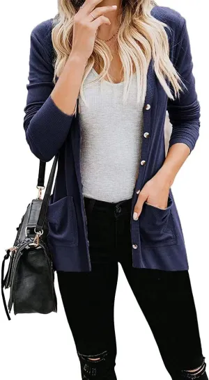 Womens Cardigan Sweaters Lightweight Open Front Button Long Sleeve Cardigan Casual Cable Knit Winter Outerwear Coats