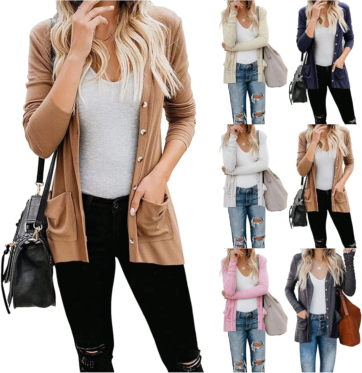 Womens Cardigan Sweaters Lightweight Open Front Button Long Sleeve Cardigan Casual Cable Knit Winter Outerwear Coats