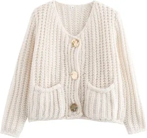 Womens Cardigan Sweaters Long Sleeve Button Down Cropped Jacket Open Front Knit Sweater Outwear