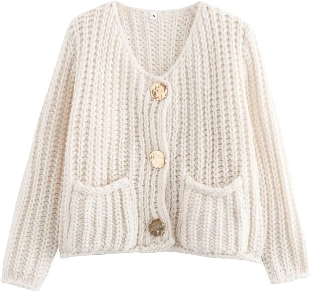 Womens Cardigan Sweaters Long Sleeve Button Down Cropped Jacket Open Front Knit Sweater Outwear