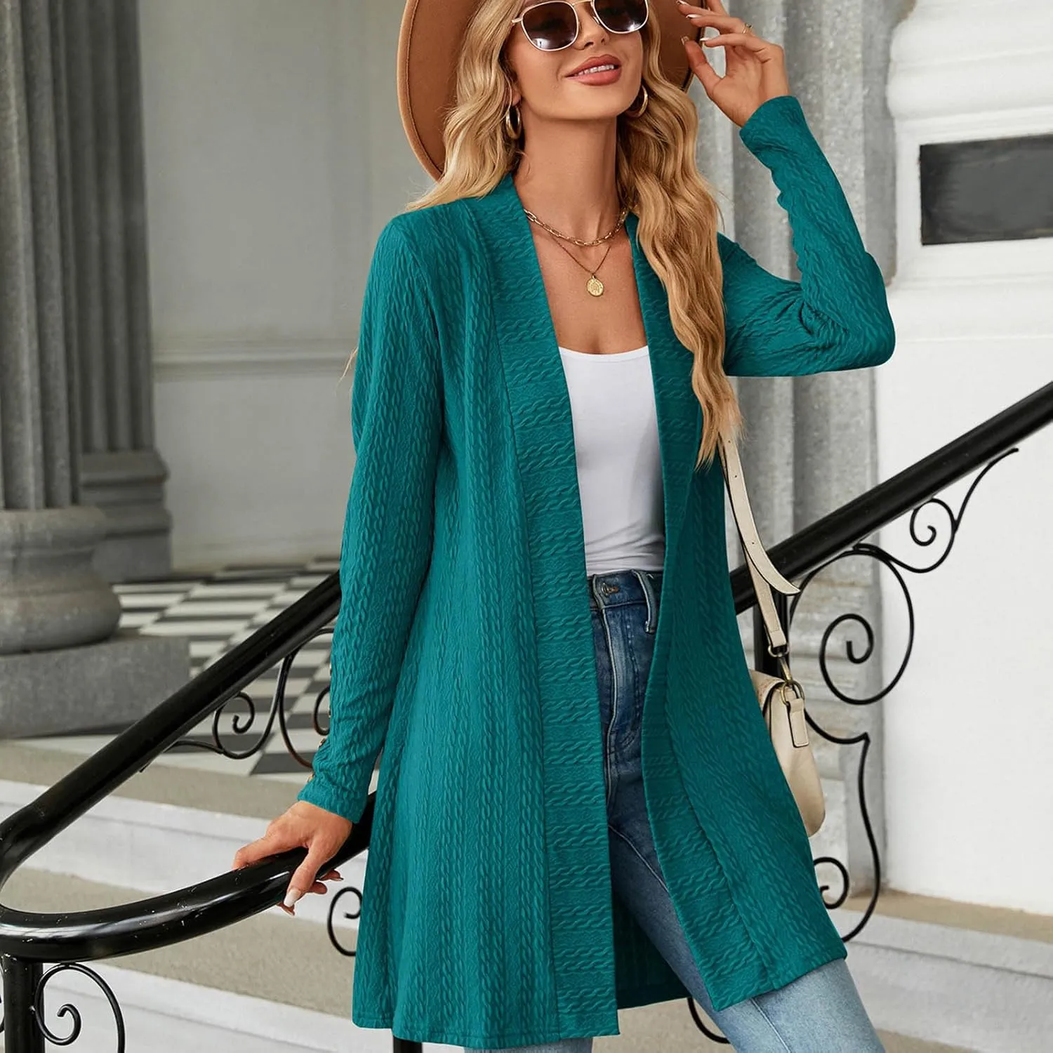 Womens Cardigans 2023 Long Sleeve Open Front Solid Color Knit Sweaters Loose Fit Casual Fashion Fall Cardigan Tops
