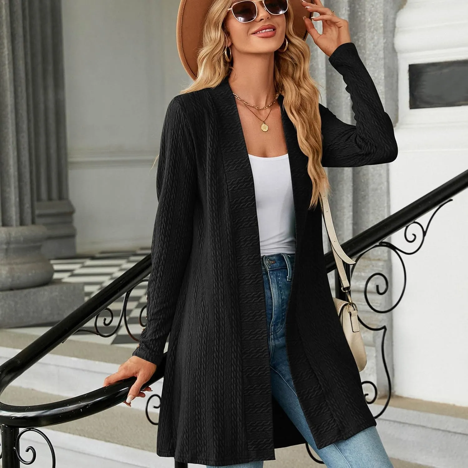 Womens Cardigans 2023 Long Sleeve Open Front Solid Color Knit Sweaters Loose Fit Casual Fashion Fall Cardigan Tops