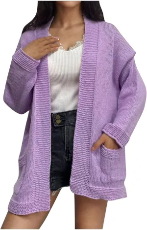 Women's Cardigans with Pockets Casual Knitted Solid Color Lightweight Open Front Cardigan Sweaters for Women
