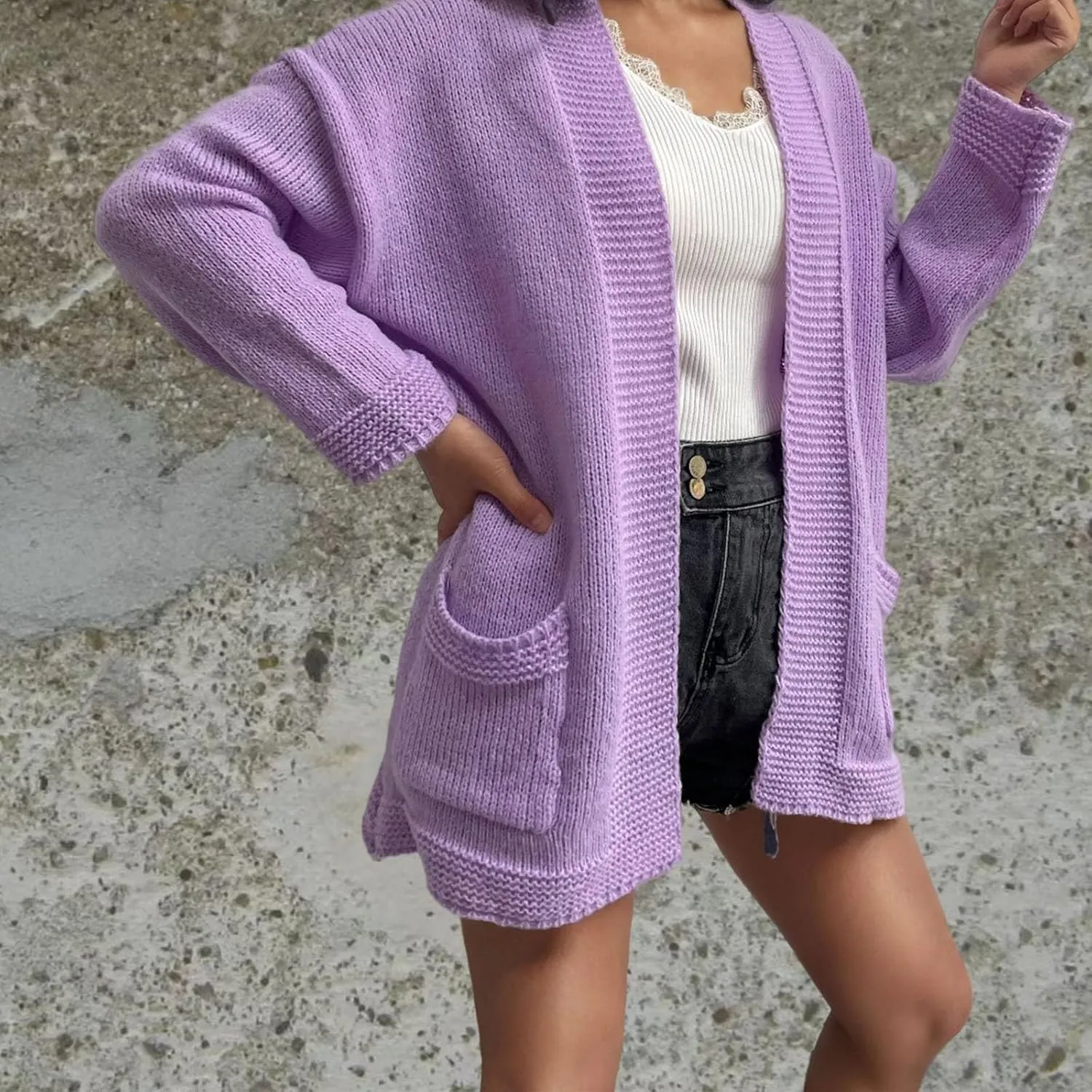 Women's Cardigans with Pockets Casual Knitted Solid Color Lightweight Open Front Cardigan Sweaters for Women