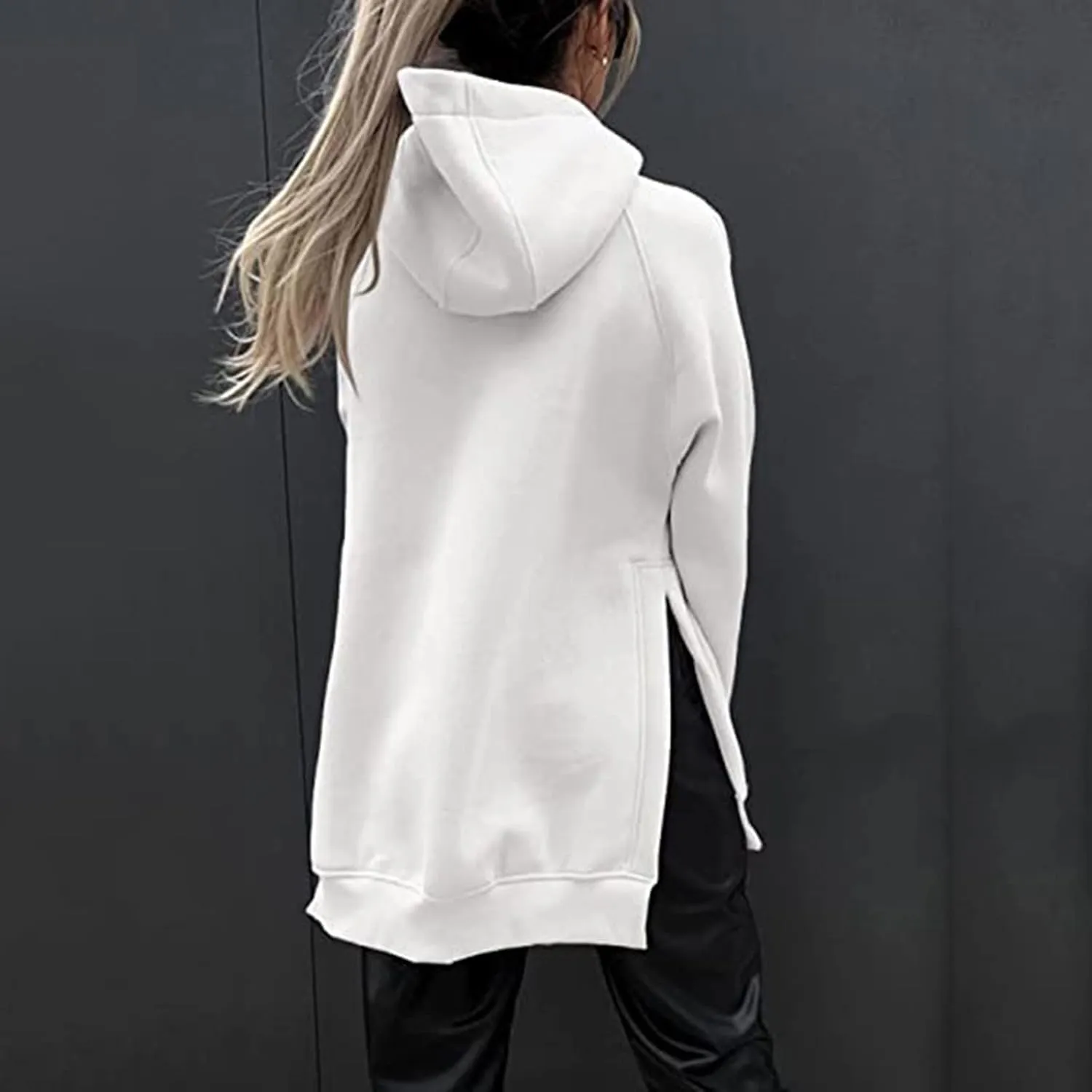 Women's Casual Long Hoodies Oversized Thick Fleece Solid Color Hooded Sweatshirt Pullover Side Split High Low Hem Tops