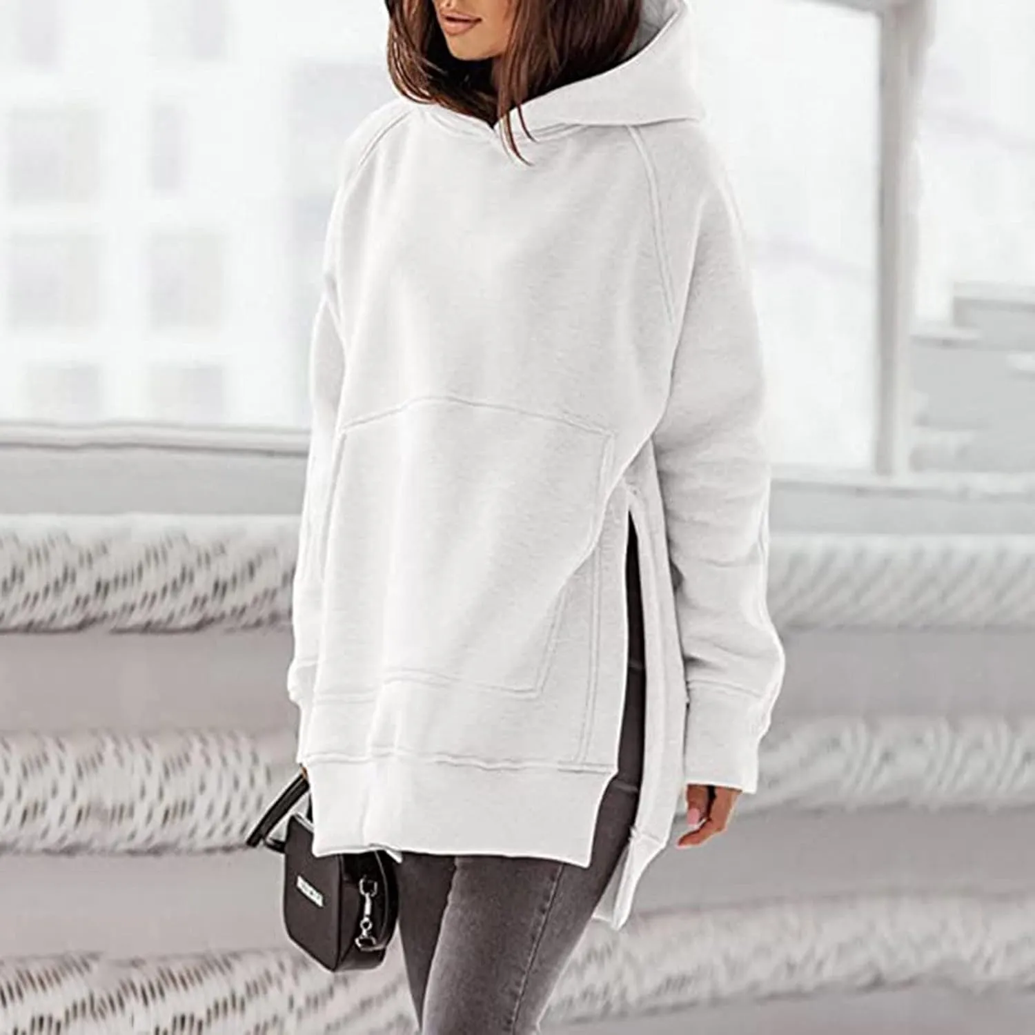 Women's Casual Long Hoodies Oversized Thick Fleece Solid Color Hooded Sweatshirt Pullover Side Split High Low Hem Tops