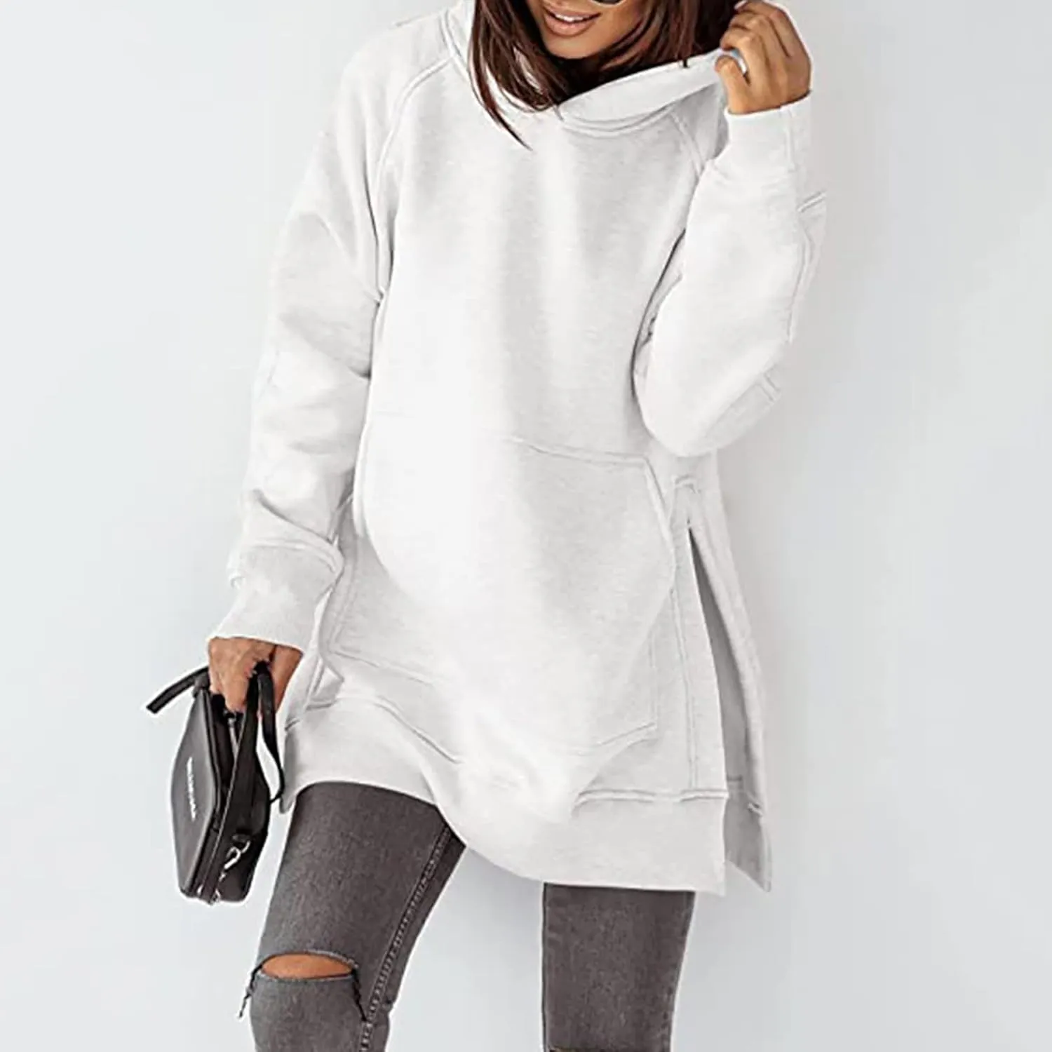 Women's Casual Long Hoodies Oversized Thick Fleece Solid Color Hooded Sweatshirt Pullover Side Split High Low Hem Tops