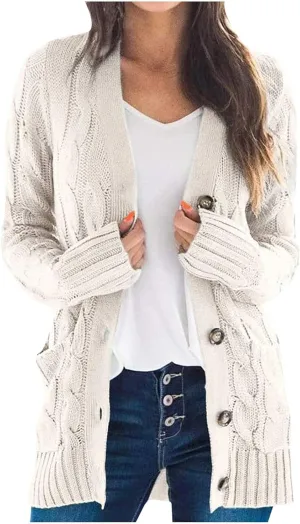 Womens Casual Long Sleeve Button Cardigan Open Front Cable Knit Sweater Outwear Loose Cardigans with Pockets