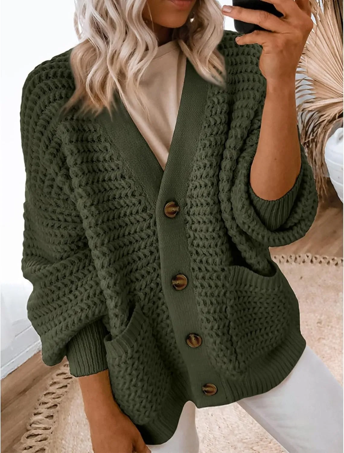 Womens Casual Long Sleeve Button Cardigan Sweaters Oversized Cable Knit Open Front Sweater Outwear Coat