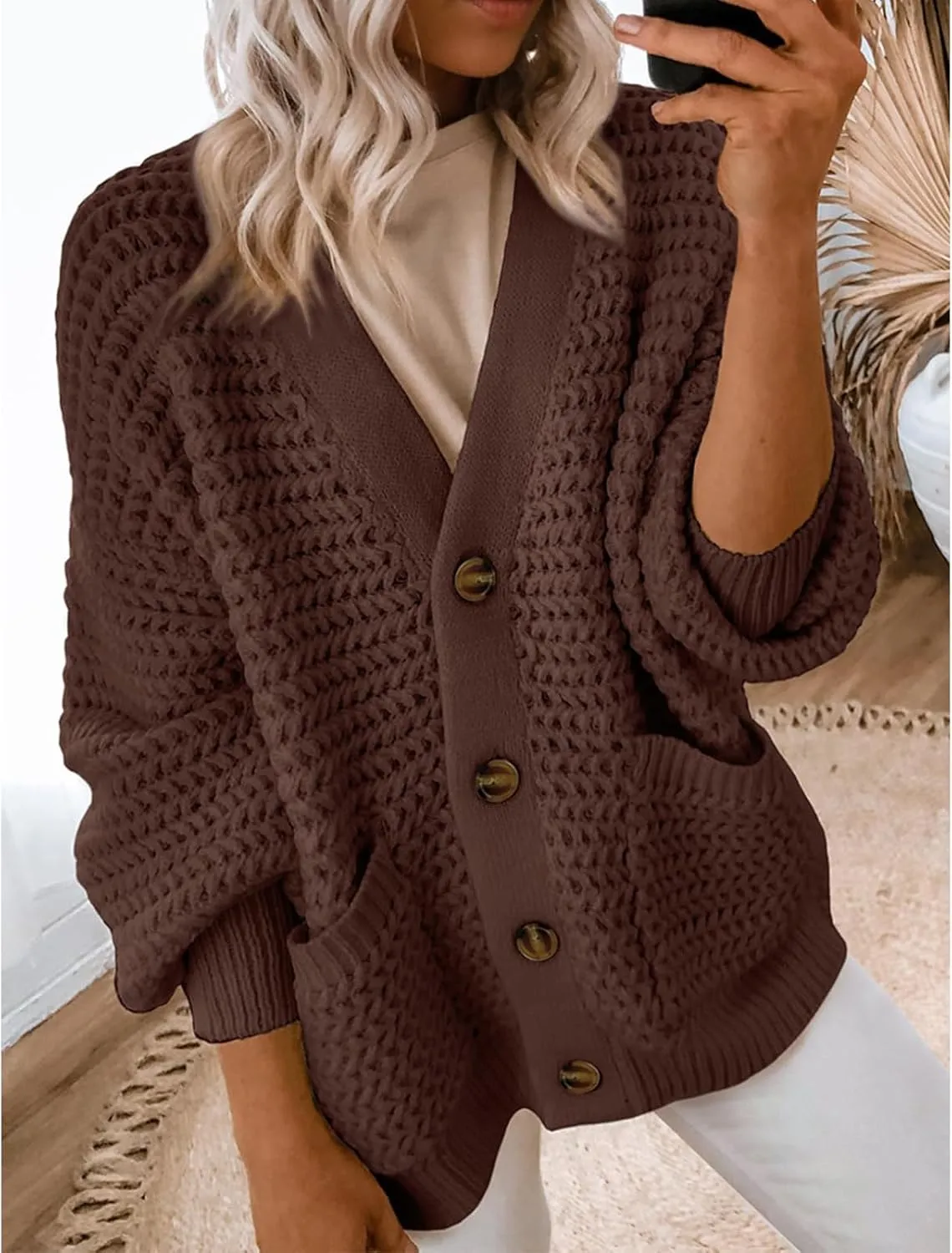 Womens Casual Long Sleeve Button Cardigan Sweaters Oversized Cable Knit Open Front Sweater Outwear Coat