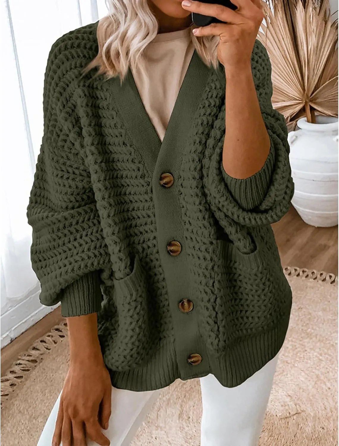 Womens Casual Long Sleeve Button Cardigan Sweaters Oversized Cable Knit Open Front Sweater Outwear Coat