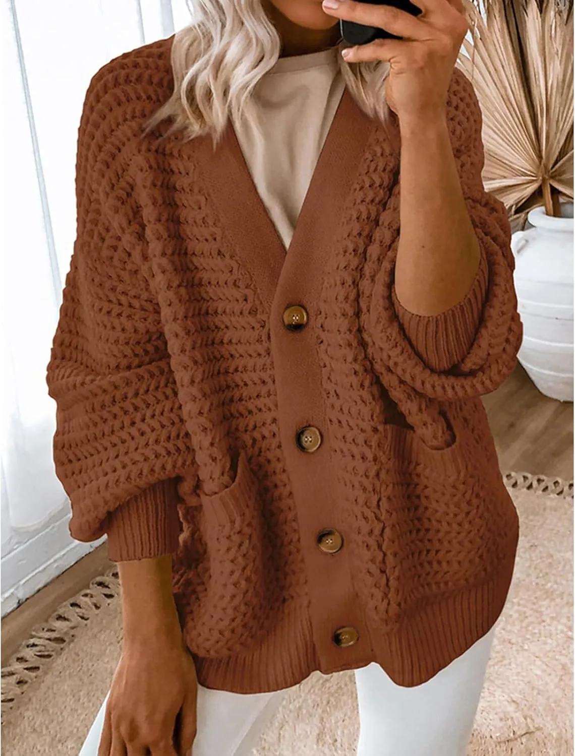 Womens Casual Long Sleeve Button Cardigan Sweaters Oversized Cable Knit Open Front Sweater Outwear Coat