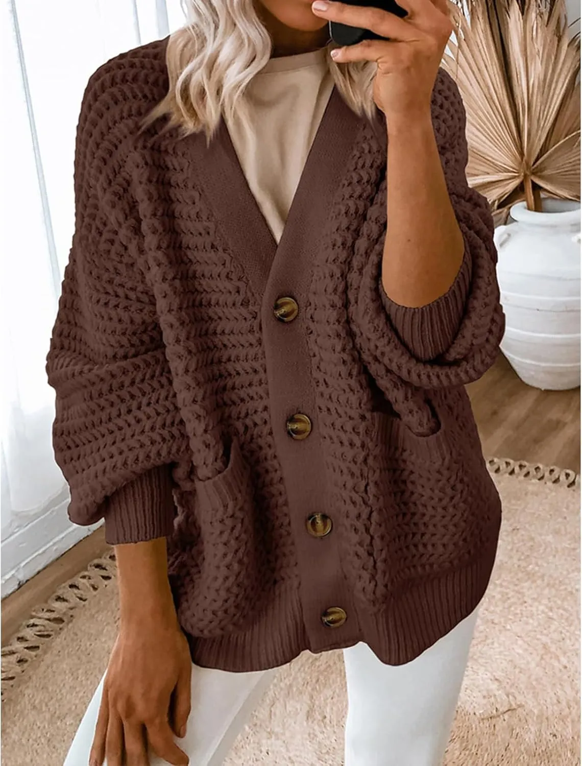 Womens Casual Long Sleeve Button Cardigan Sweaters Oversized Cable Knit Open Front Sweater Outwear Coat