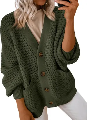 Womens Casual Long Sleeve Button Cardigan Sweaters Oversized Cable Knit Open Front Sweater Outwear Coat