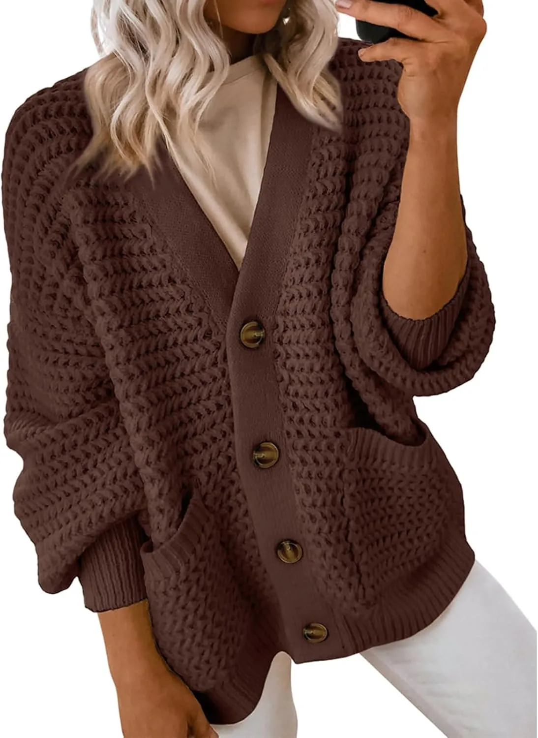 Womens Casual Long Sleeve Button Cardigan Sweaters Oversized Cable Knit Open Front Sweater Outwear Coat
