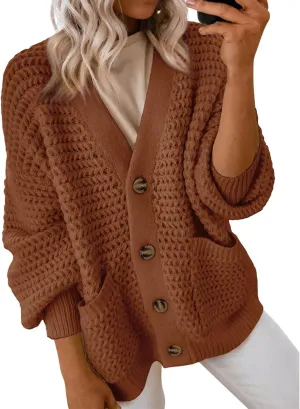 Womens Casual Long Sleeve Button Cardigan Sweaters Oversized Cable Knit Open Front Sweater Outwear Coat