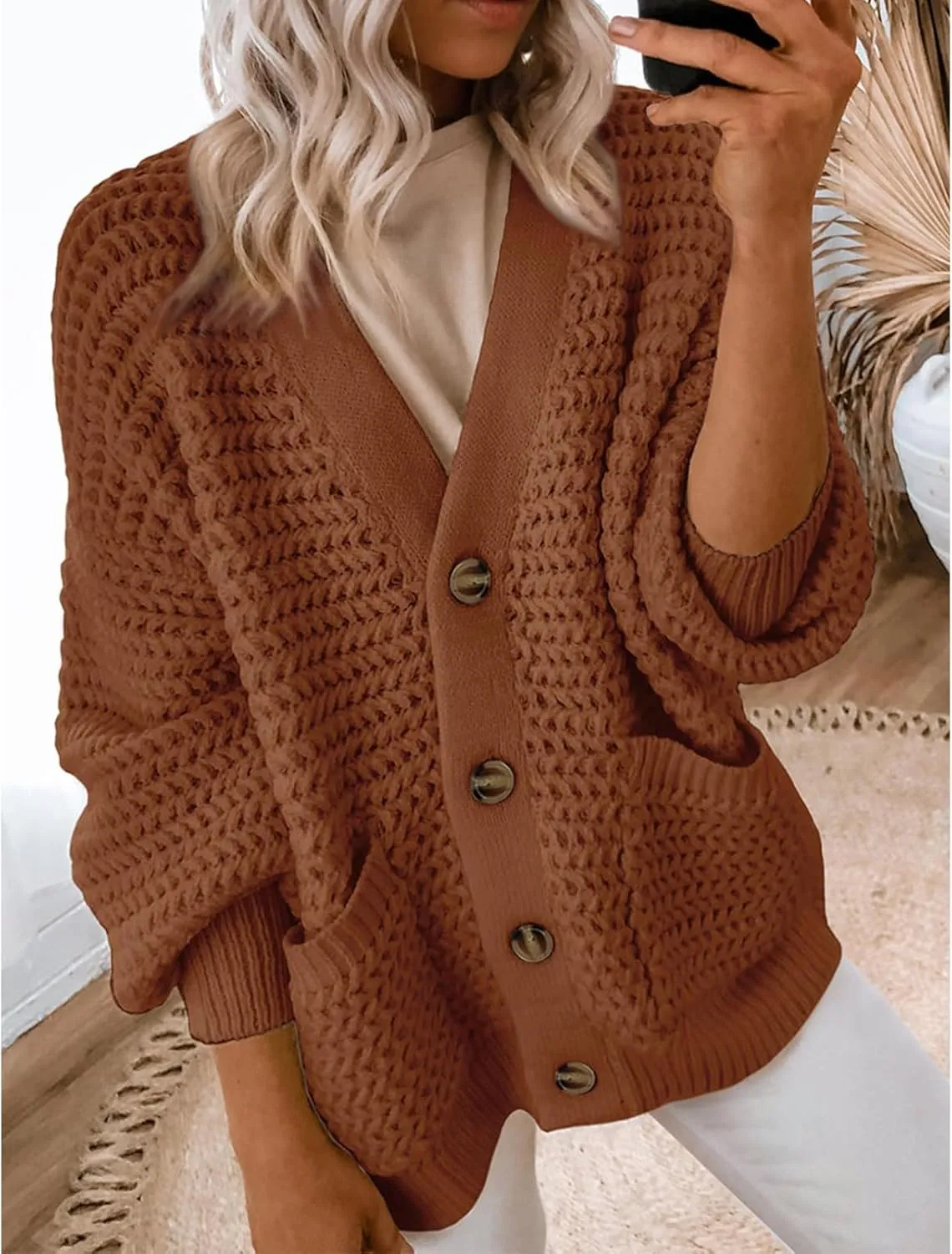 Womens Casual Long Sleeve Button Cardigan Sweaters Oversized Cable Knit Open Front Sweater Outwear Coat