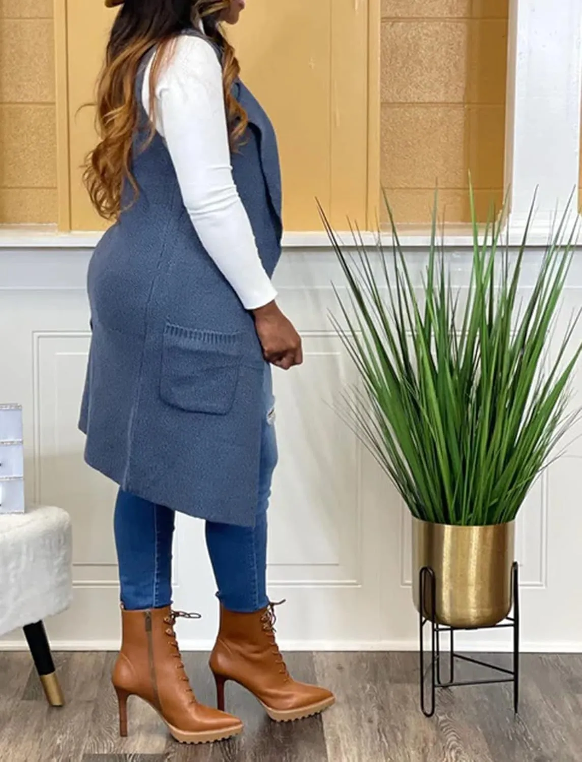 Women's Casual Sleeveless Long Sweater Vest Open Front Knit Cardigan Waistcoat with Pockets