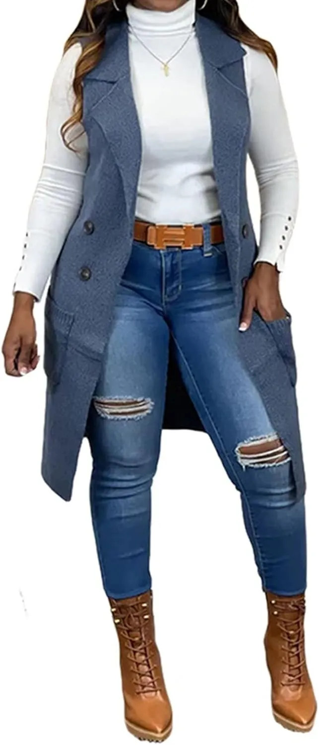 Women's Casual Sleeveless Long Sweater Vest Open Front Knit Cardigan Waistcoat with Pockets