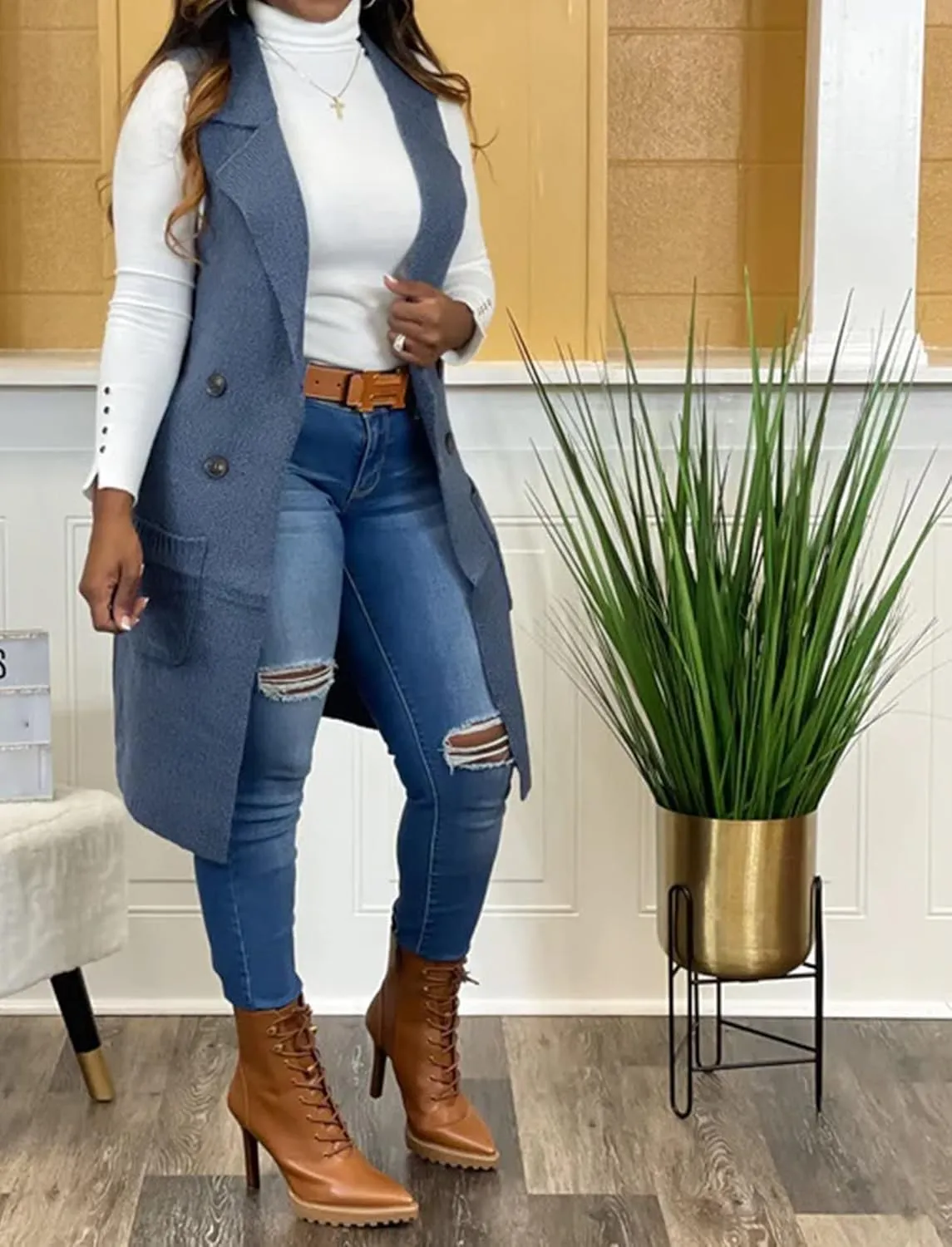 Women's Casual Sleeveless Long Sweater Vest Open Front Knit Cardigan Waistcoat with Pockets
