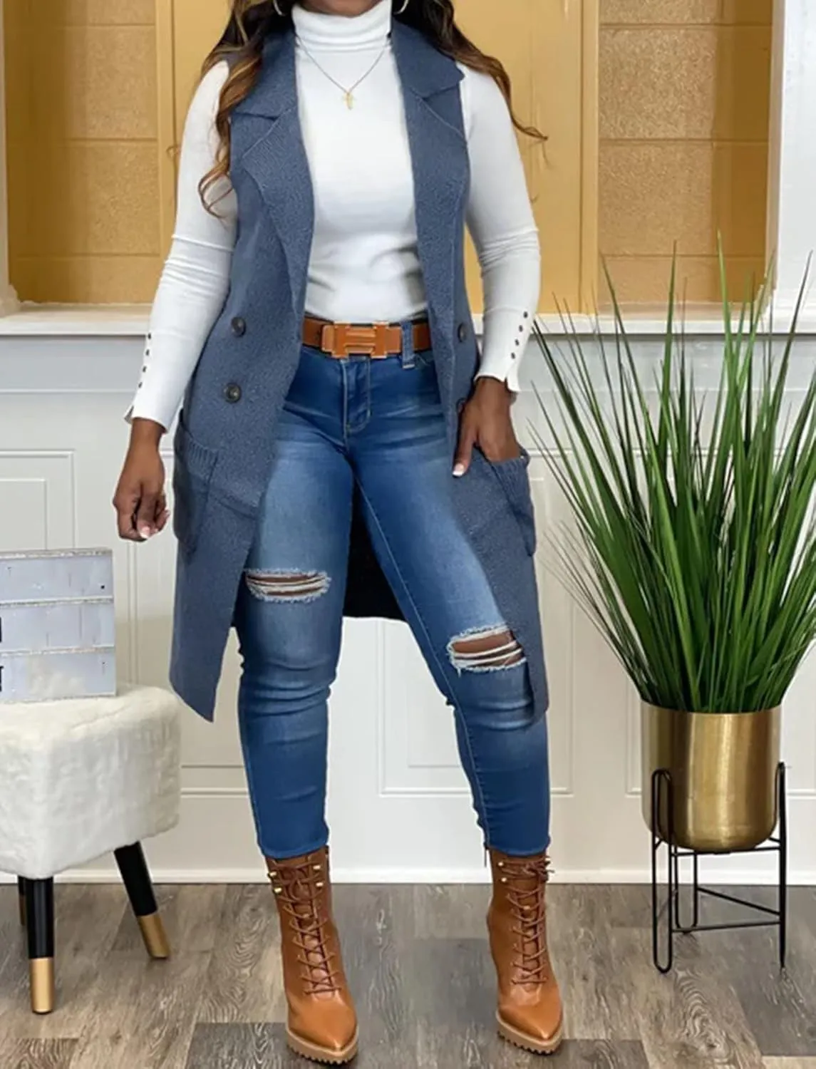 Women's Casual Sleeveless Long Sweater Vest Open Front Knit Cardigan Waistcoat with Pockets