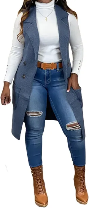 Women's Casual Sleeveless Long Sweater Vest Open Front Knit Cardigan Waistcoat with Pockets