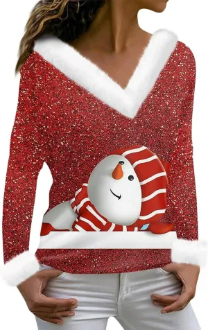 Womens Christmas Shirt Fashion Slim Fit Fluffy Furry V Neck Xmas Sweatshirt Loose Cute Snow Print Fall Winter Clothes