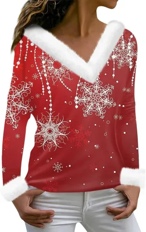 Womens Christmas Shirt Fashion Slim Fit Fluffy Furry V Neck Xmas Sweatshirt Loose Cute Snow Print Fall Winter Clothes
