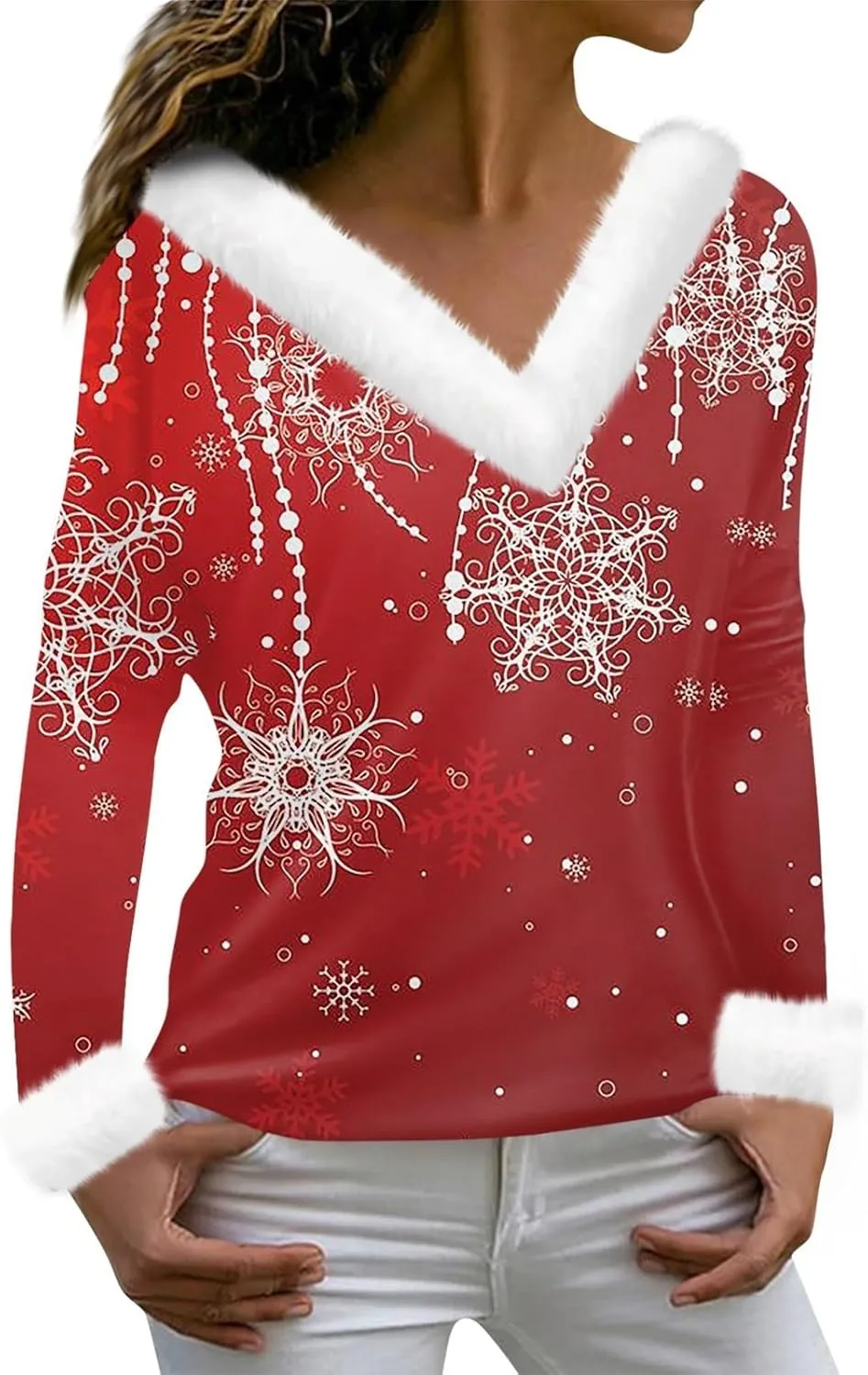 Womens Christmas Shirt Fashion Slim Fit Fluffy Furry V Neck Xmas Sweatshirt Loose Cute Snow Print Fall Winter Clothes
