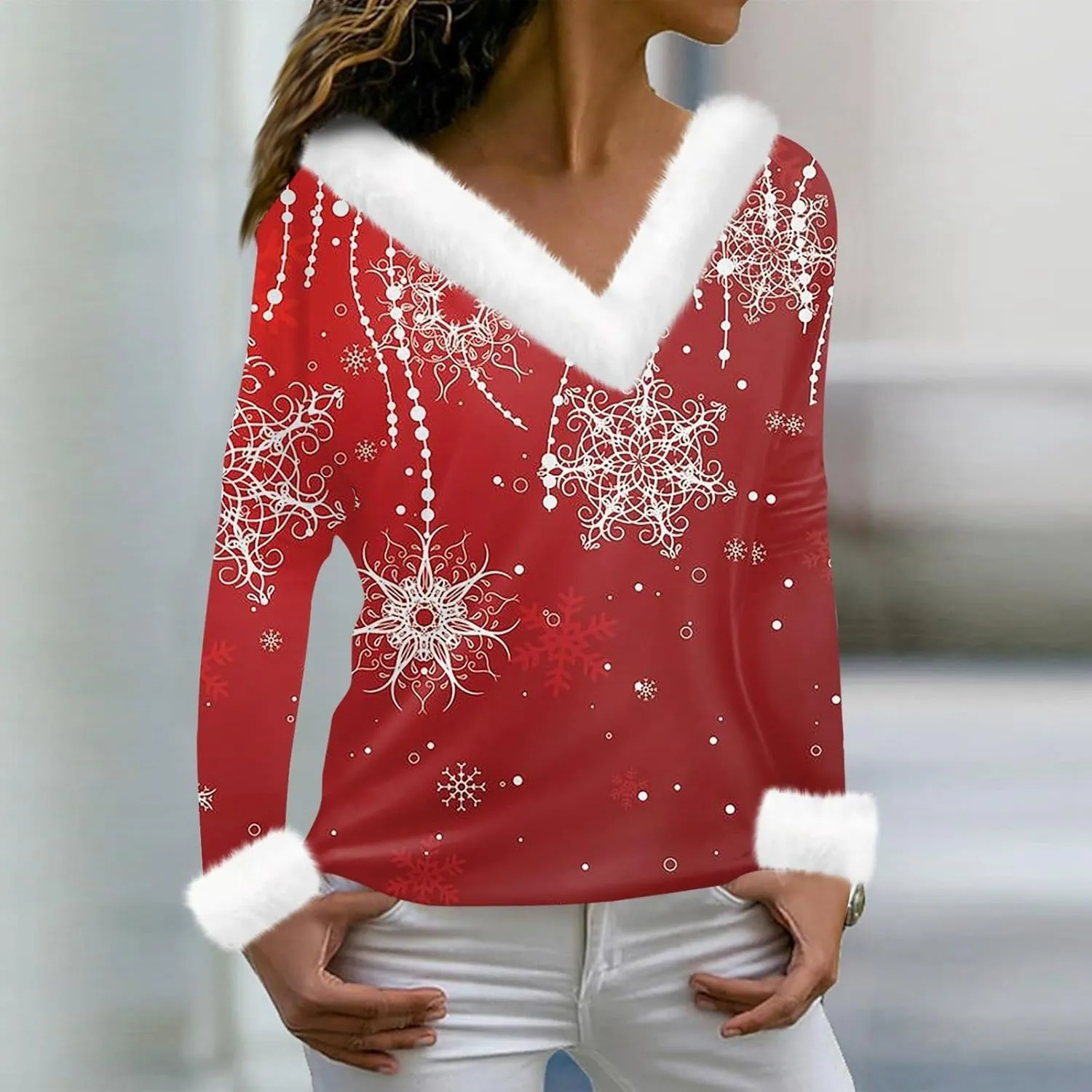 Womens Christmas Shirt Fashion Slim Fit Fluffy Furry V Neck Xmas Sweatshirt Loose Cute Snow Print Fall Winter Clothes