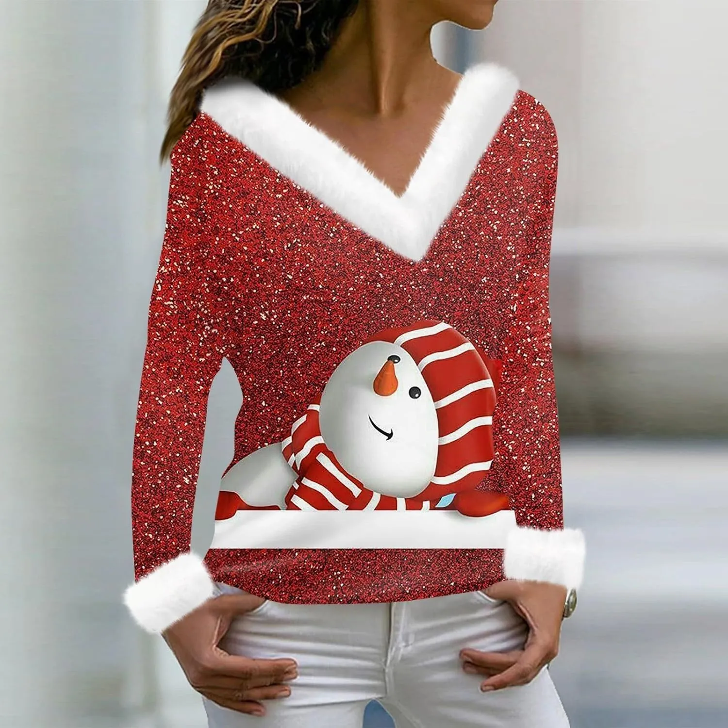 Womens Christmas Shirt Fashion Slim Fit Fluffy Furry V Neck Xmas Sweatshirt Loose Cute Snow Print Fall Winter Clothes