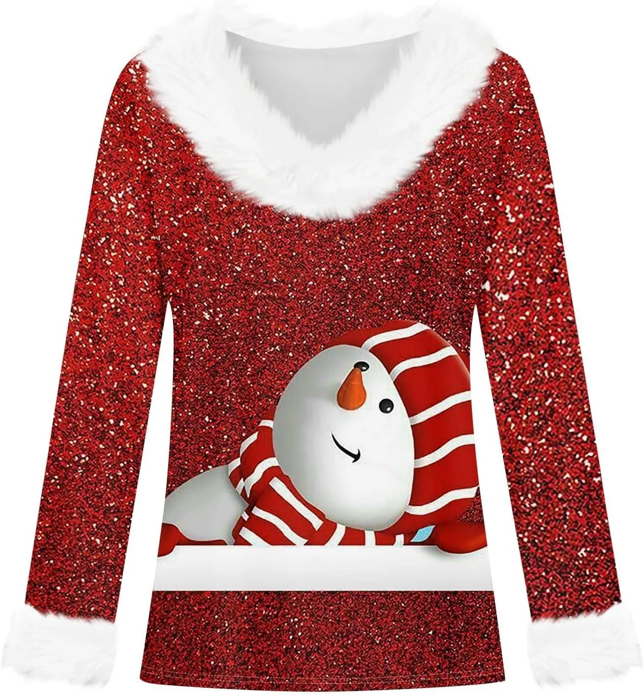 Womens Christmas Shirt Fashion Slim Fit Fluffy Furry V Neck Xmas Sweatshirt Loose Cute Snow Print Fall Winter Clothes