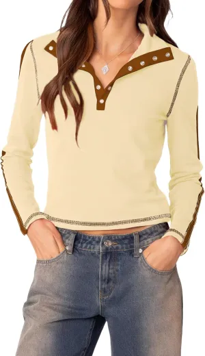 Womens Color Block Cropped Sweatshirt Long Sleeve Button Collared Crop Tops Lightweight Slim Fit Y2K Shirts