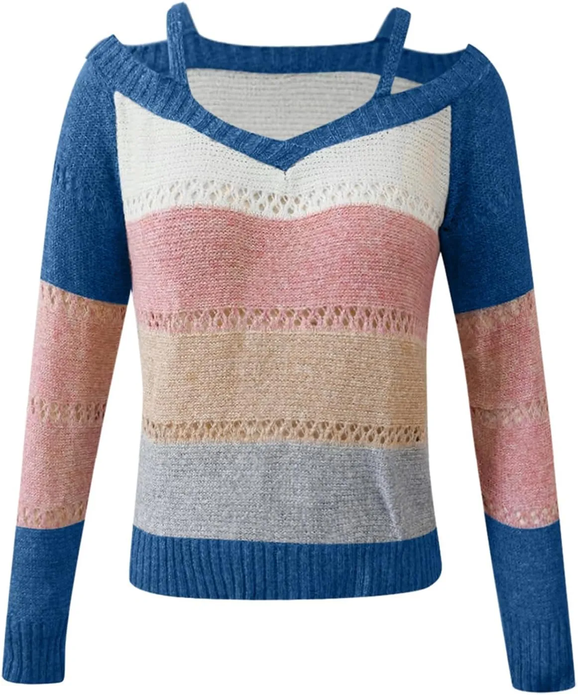 Womens Color Block Off The Shoulder Pullover Sweaters Long Sleeve Cable Knit Chunky Jumpers Tunic Tops Winter Outwear