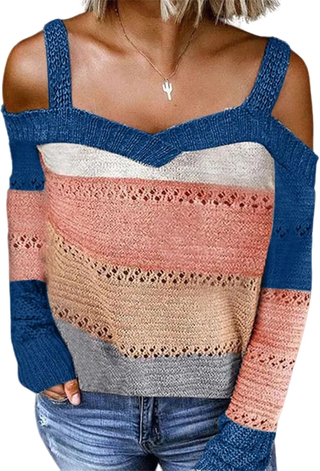 Womens Color Block Off The Shoulder Pullover Sweaters Long Sleeve Cable Knit Chunky Jumpers Tunic Tops Winter Outwear