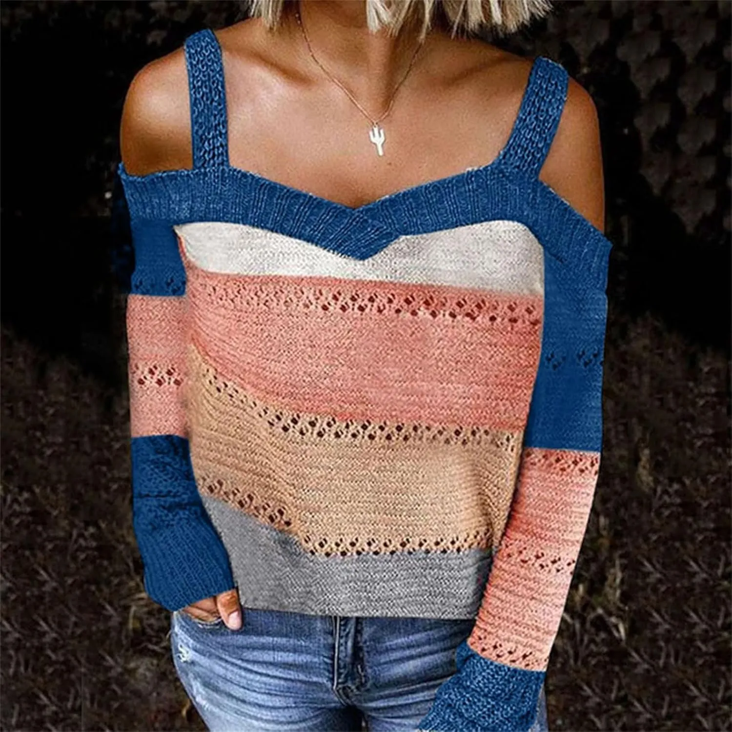 Womens Color Block Off The Shoulder Pullover Sweaters Long Sleeve Cable Knit Chunky Jumpers Tunic Tops Winter Outwear