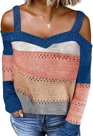 Womens Color Block Off The Shoulder Pullover Sweaters Long Sleeve Cable Knit Chunky Jumpers Tunic Tops Winter Outwear