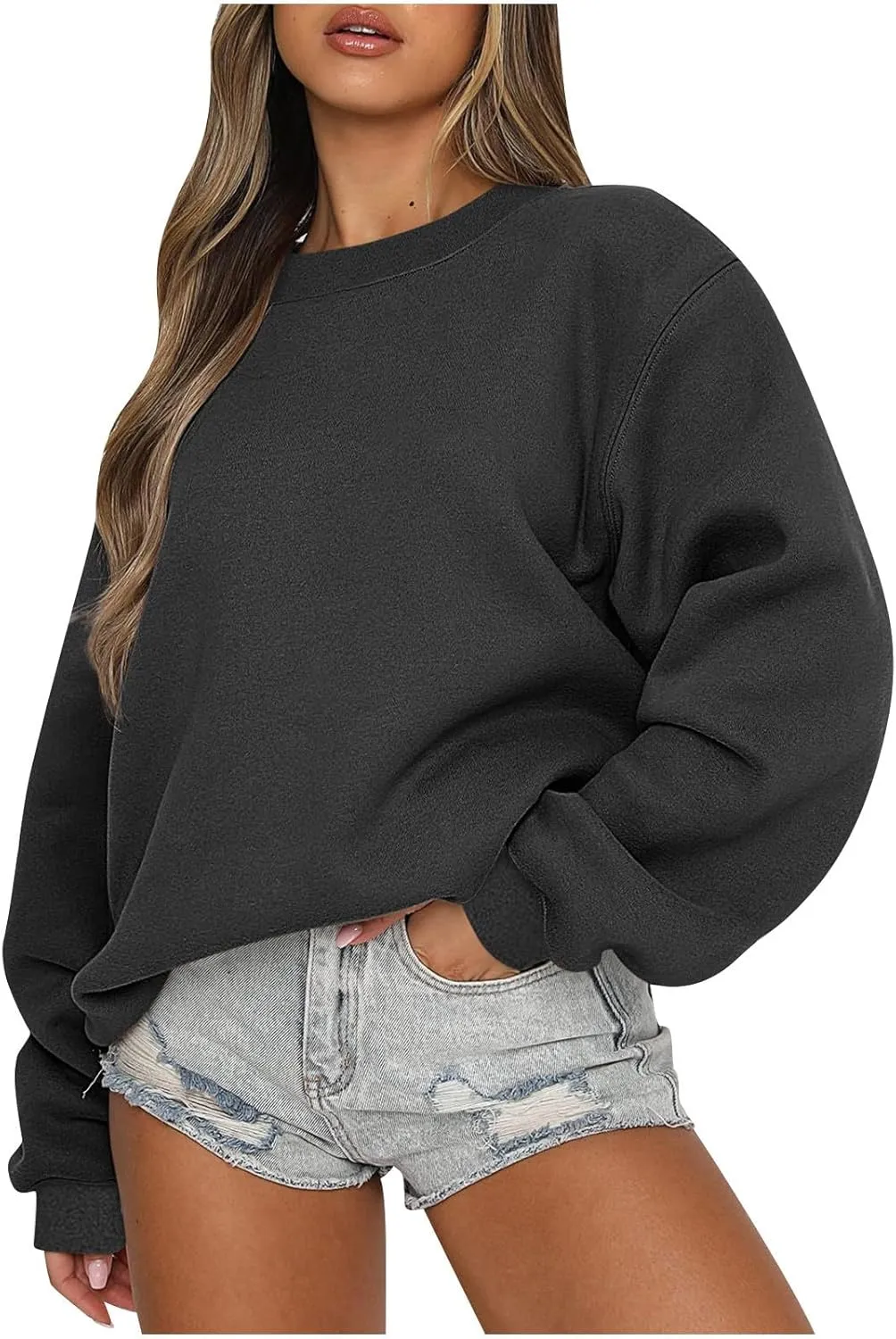 Womens Crewneck Sweatshirt Fall Fleece Oversized Sweatshirt for Women Loose Fit Long Sleeve Pullover Sweaters