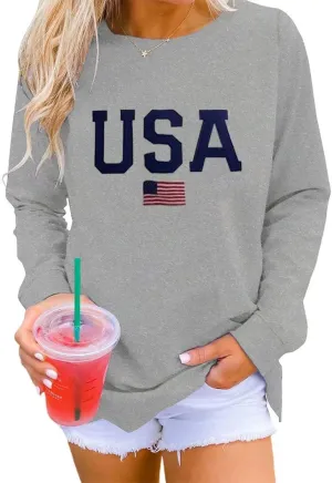 Womens Crewneck Sweatshirt Graphic American Flag Shirts Long Sleeve Oversized Pullover Patriotic Shirts Tops Tees